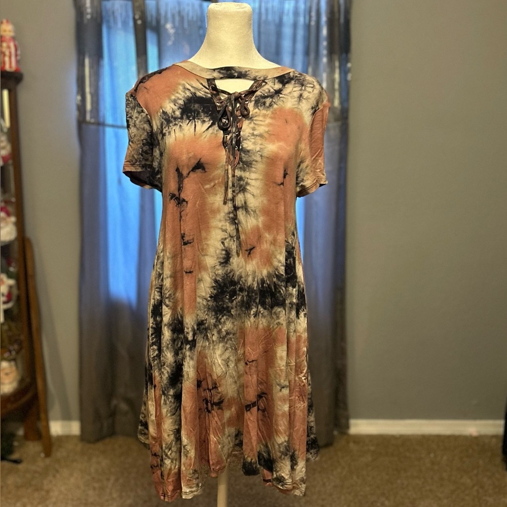 2 for $15 sale! Women's Short Sleeve Tie-Dye Lace-Up Dress